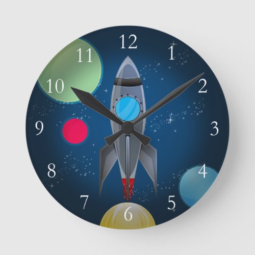 Outer Space Rocket Ship Round Clock