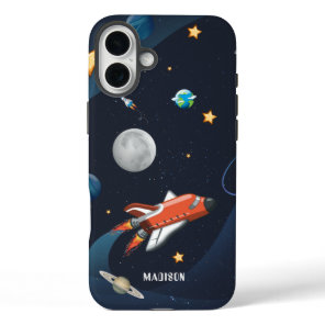 Outer Space Rocket Stars and Moon Custom iPhone 16 Plus Case
