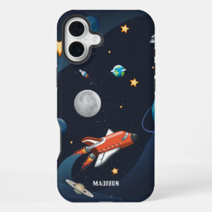 Outer Space Rocket Stars and Moon Custom iPhone 16 Plus Case