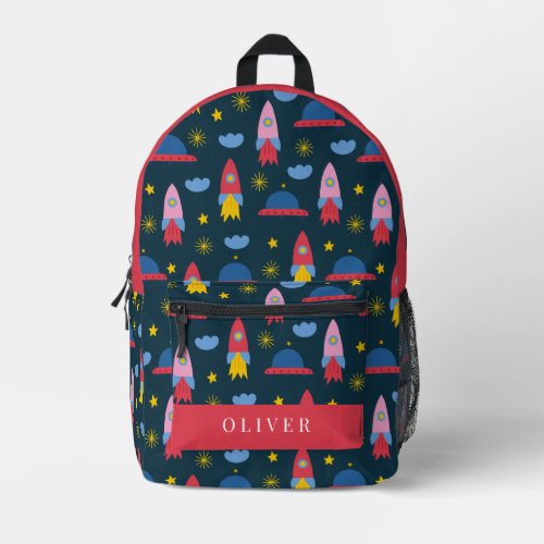 Outer Space Rocket UFO Navy Blue Printed Backpack