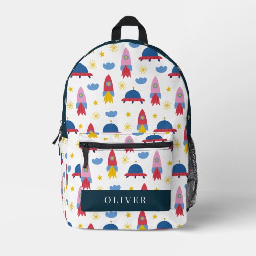 Outer Space Rocket UFO White Printed Backpack