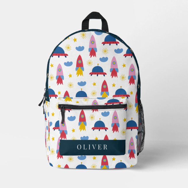 Outer Space Rocket UFO White Printed Backpack (Front)