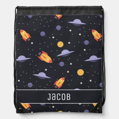Outer Space Rockets and Spaceships Drawstring Bag