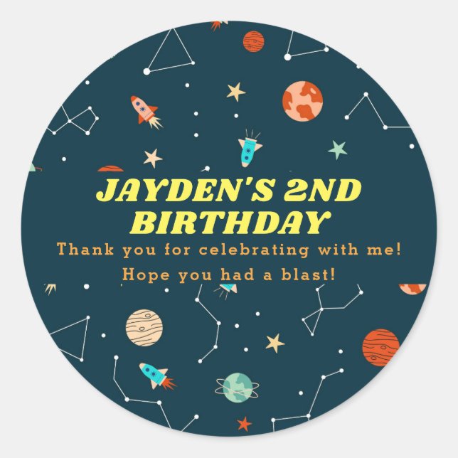 Outer Space Rockets Planets Birthday Thank You Classic Round Sticker (Front)