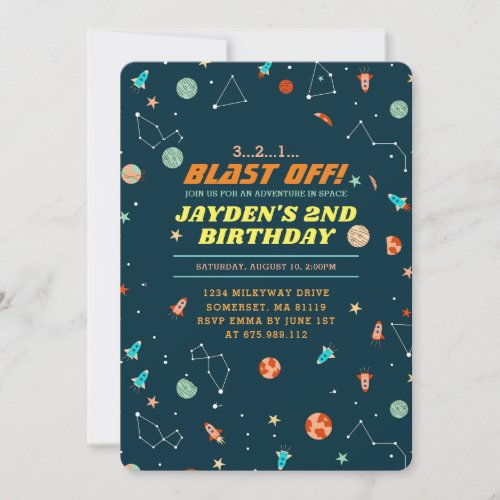 Outer Space Rockets Planets Boys 2nd Birthday Invitation