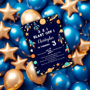 Outer Space Rockets Planets Navy Blue Birthday Invitation