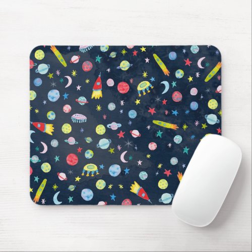 Outer Space Rocketship UFO Pattern Watercolor Mouse Pad