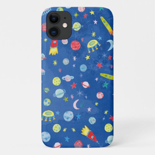Outer Space Rocketship UFO Watercolor Pattern iPhone 11 Case