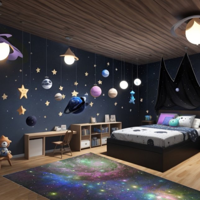 Outer Space Rug - Galaxy Carpet Area Rug (Outer Space Rug for Astronaut and Space theme bedroom interior design. Dark Blue gakaxy decor.)
