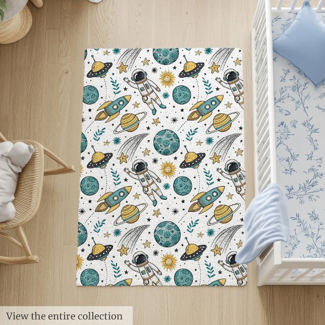 Outer Space Rug Planets & Rockets in Soft Hues (Outer Space Rug Planets & Rockets in Soft Hues)