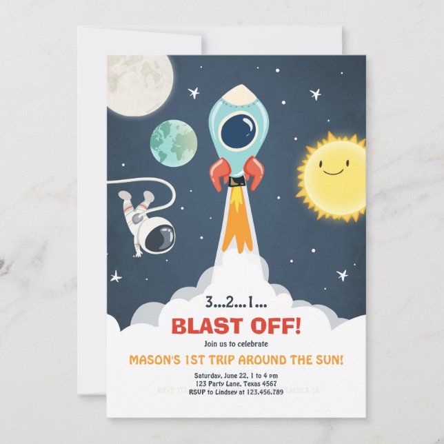 Outer Space Ship Boy 1st Birthday Invitation (Front)