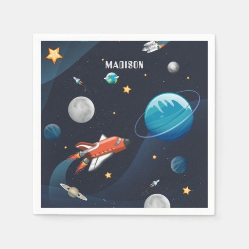 Outer Space Shuttle Travel Moon Stars Custom Paper Napkins