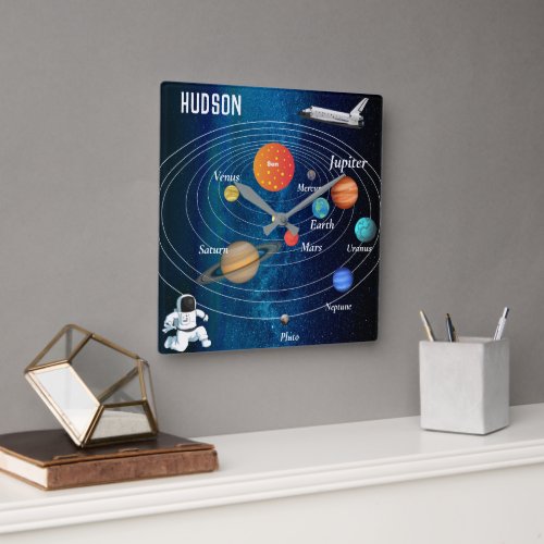 Outer Space Solar System Astronaut Spaceship Pluto Square Wall Clock