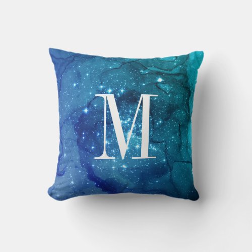 Outer Space Starry Sky Blue Monogram Throw Pillow