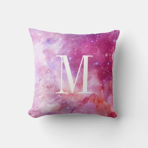 Outer Space Starry Sky Pink Monogram Throw Pillow