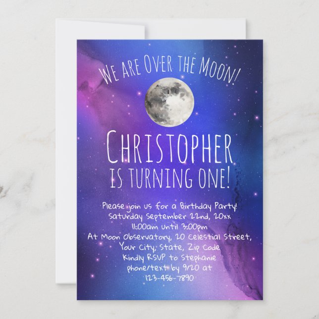 Outer Space Stars Over the Moon 1st Birthday Party Invitation (Front)