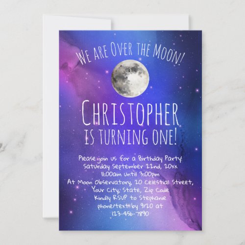 Outer Space Stars Over the Moon 1st Birthday Party Invitation