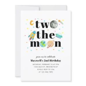 Outer Space Stars Planet TWO the Moon 2nd Birthday Invitation