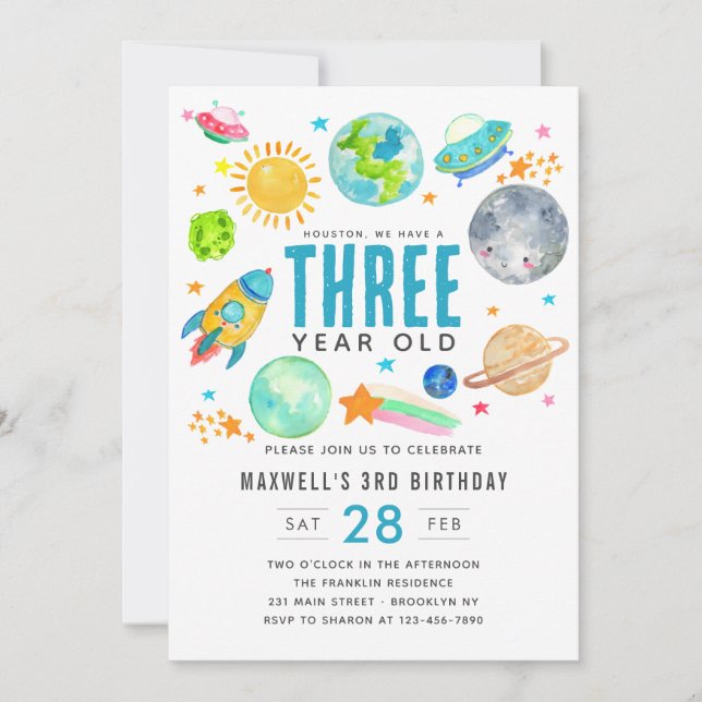 Outer Space Sun Moon Rocket Kid Birthday Party  Invitation (Front)