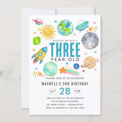 Outer Space Sun Moon Rocket Kid Birthday Party  Invitation