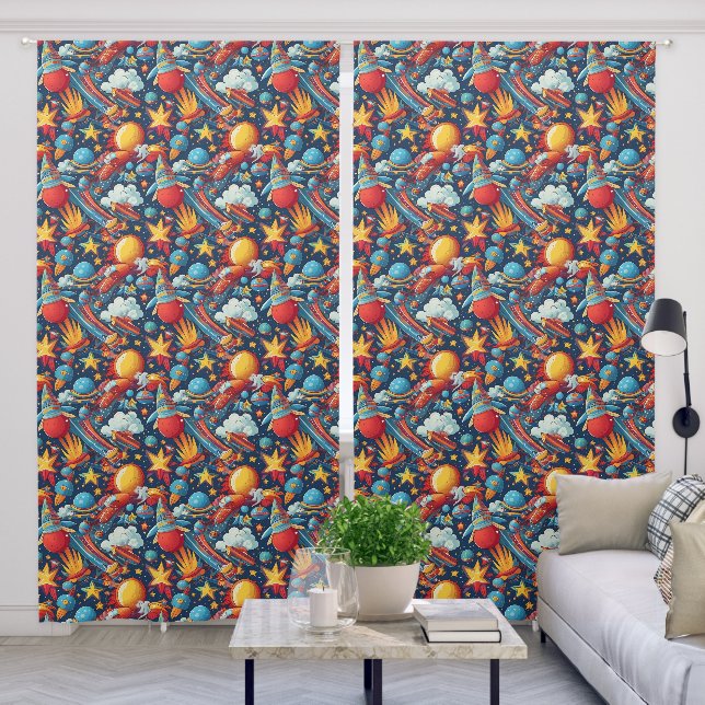 Outer Space Sun Star Spaceship Boys Bedroom Blackout Curtains (Living Room)