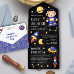 Outer Space Teddy Bear Astronaut Black Baby Shower All In One Invitation<br><div class="desc">Amaze your guests with this modern space theme baby shower invite featuring a cute teddy bear in astronaut costume and modern typography with detachable book request card. Simply add your event details on this easy-to-use template to make it a one-of-a-kind invitation.</div>