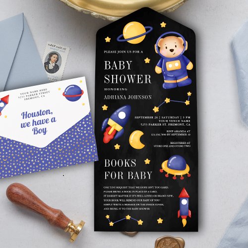 Outer Space Teddy Bear Astronaut Black Baby Shower All In One Invitation