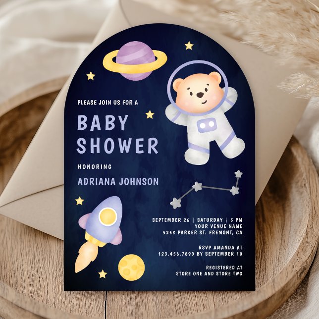 Outer Space Teddy Bear Astronaut Navy Baby Shower Invitation (Creator Uploaded)
