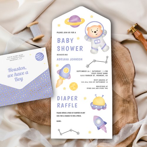 Outer Space Teddy Bear Cute Astronaut Baby Shower All In One Invitation