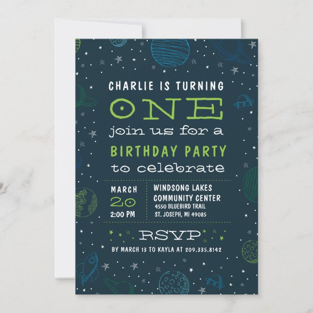 Outer Space Theme Boy's Birthday Party Invitation (Front)