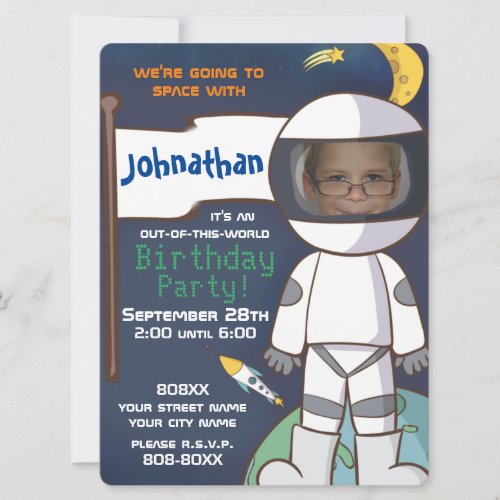 Outer Space Theme with Astronaut Custom Photo Invitation