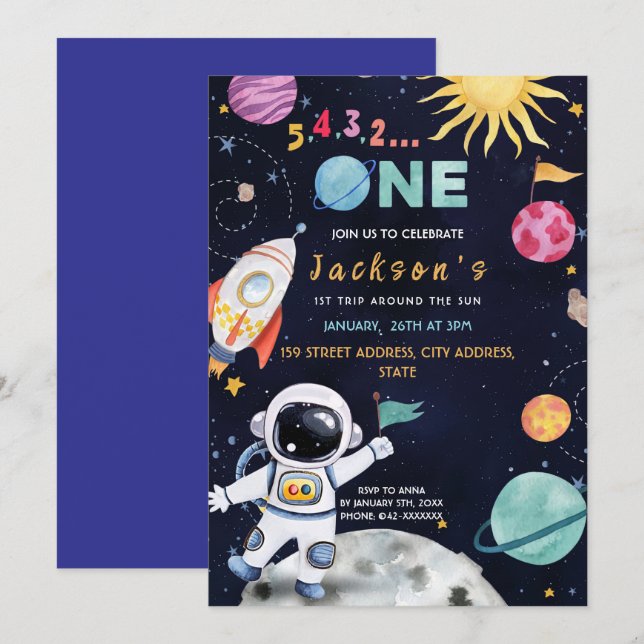 Outer Space-Themed 1st Birthday Party Invitation (Front/Back)