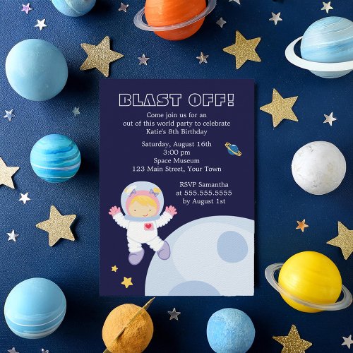 Outer Space Themed Girls Birthday Party Invitation