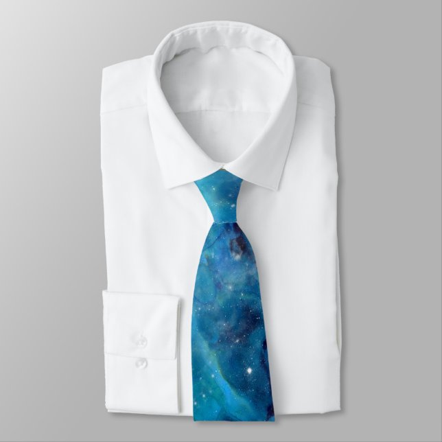 Outer Space Turquoise Blue Galactic Starry Sky Neck Tie (Tied)