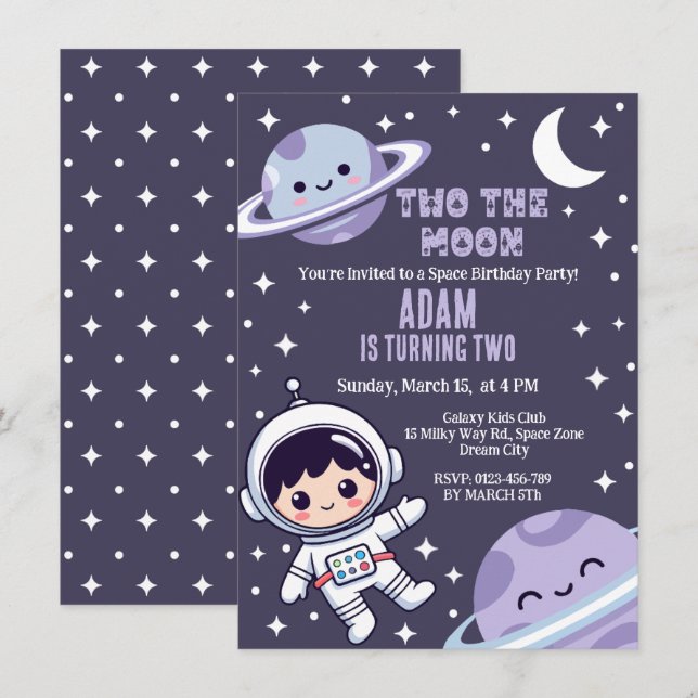 Outer Space Two The Moon 2nd Birthday Party  Invitation (Front/Back)