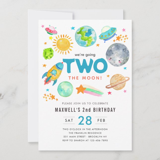Outer Space Two the Moon 2nd Birthday Spaceship Invitation (Front)