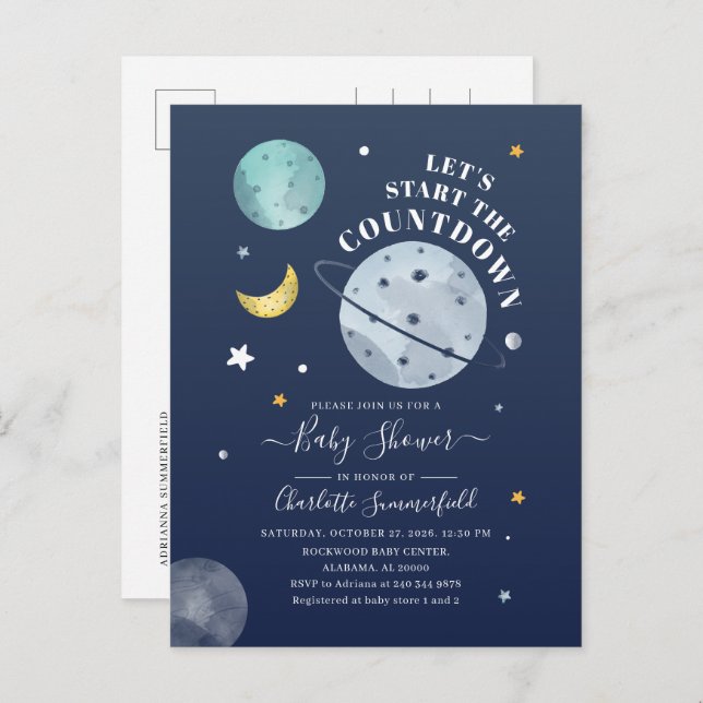 Outer Space Typography Baby Shower Invitation Postcard (Front/Back)