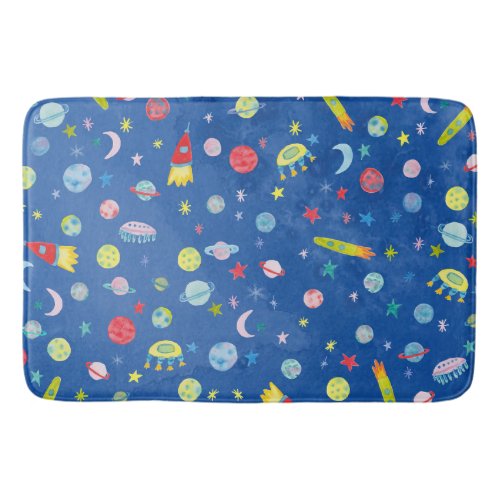 Outer Space UFO Pattern Watercolor Bath Mat