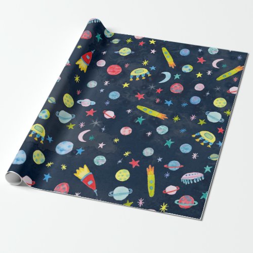 Outer Space UFO Planets Rocket Pattern Watercolor Wrapping Paper