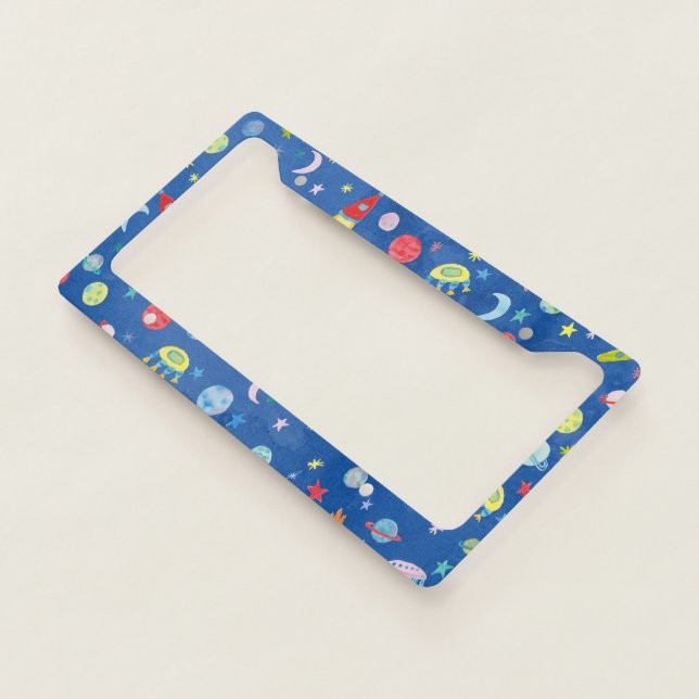 Outer Space UFO Planets Watercolor Pattern License Plate Frame (3/4)