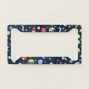 Outer Space UFO Planets Watercolor Pattern License Plate Frame