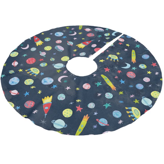 Outer Space UFO Rocket Saturn Watercolor Brushed Polyester Tree Skirt (Angled)