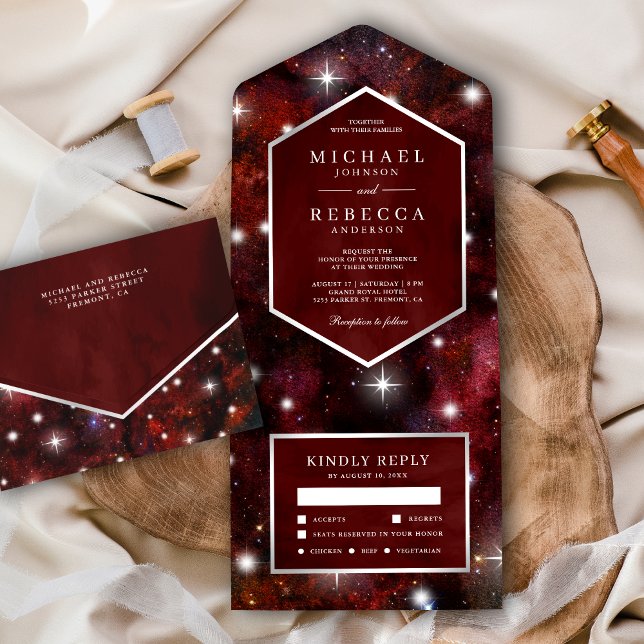 Outer Space Universe Maroon Red Galaxy Wedding All In One Invitation (Creator Uploaded)