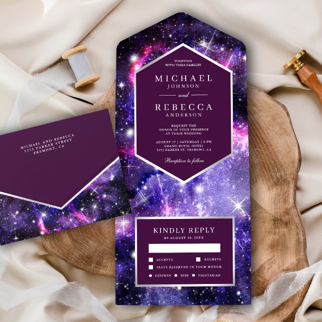 Outer Space Universe Purple Galaxy Wedding All In One Invitation (Creator Uploaded)