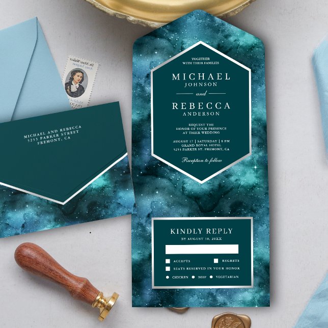 Outer Space Universe Teal Galaxy Wedding All In One Invitation (Creator Uploaded)
