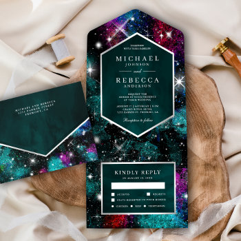 Outer Space Universe Teal Red Pink Galaxy Wedding All In One Invitation by ShabzDesigns at Zazzle