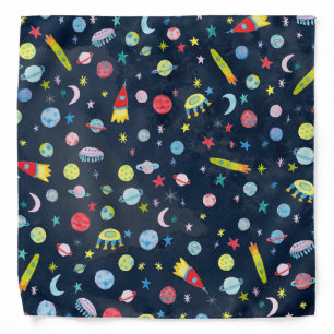 Outer Space Universe UFO PLanet Watercolor Pattern Bandana
