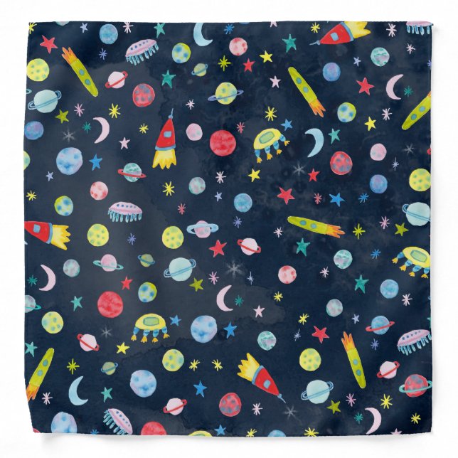 Outer Space Universe UFO PLanet Watercolor Pattern Bandana (Front)