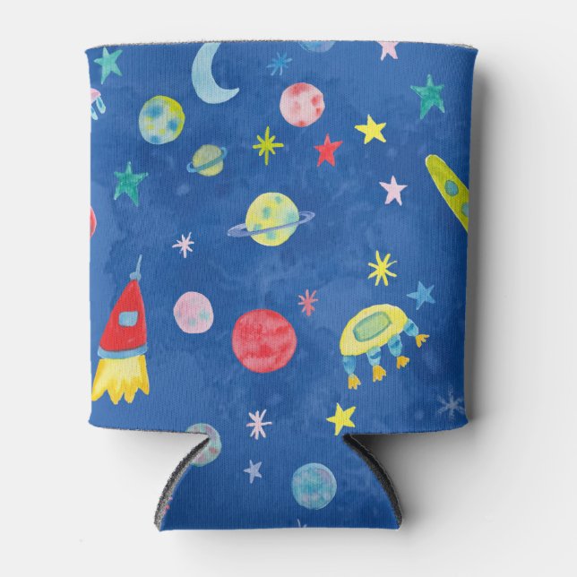 Outer Space Universe UFO PLanet Watercolor Pattern Can Cooler (Front)