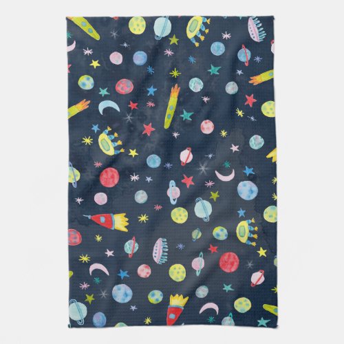Outer Space Universe UFO Planet Watercolor Pattern Kitchen Towel